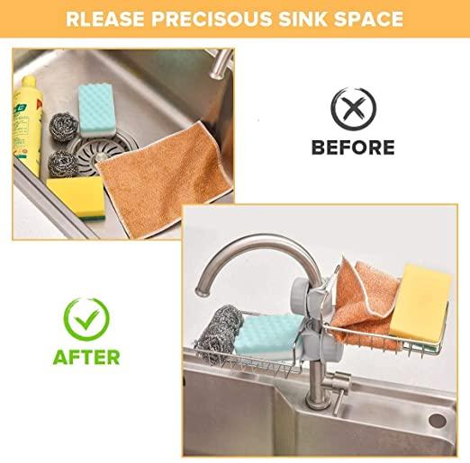 Faucet Steel Adjusting Multifunctional Kitchen Faucet Sponge Holder, Hanging Sink Organizer Caddy Rack, Towel Holder (Pack of 1)