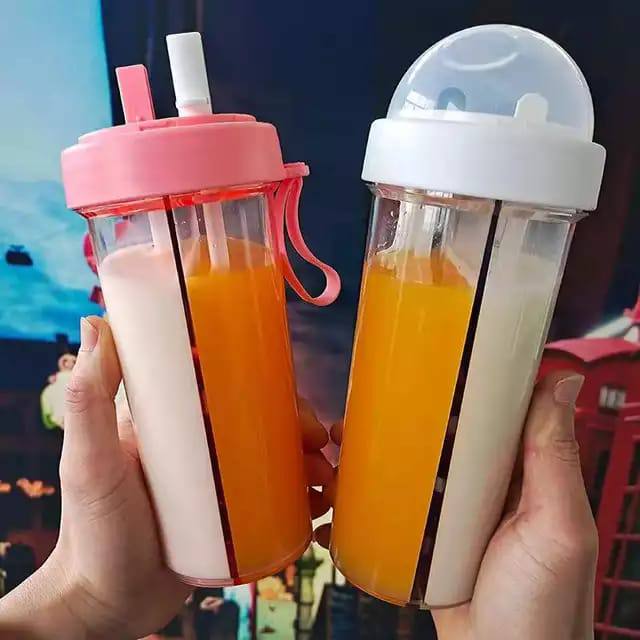 Bottle-Portable Dual Straw Separate Drink Water Beverage Bottle