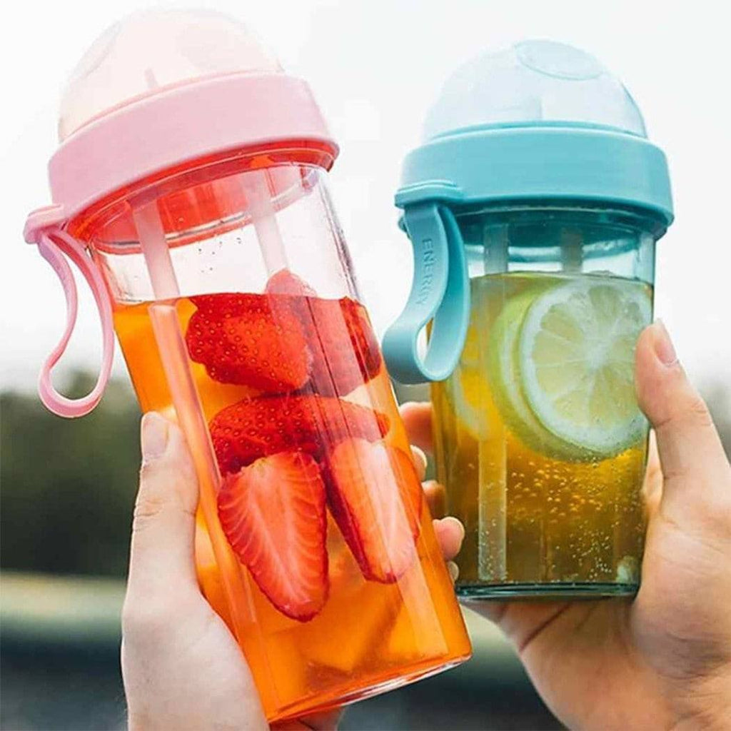 Bottle-Portable Dual Straw Separate Drink Water Beverage Bottle